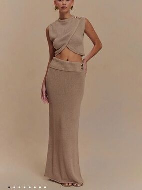 Meshki Tan Knit Sleeveless Vest & Midi Skirt Set